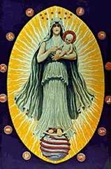 Virgin Mary backdropped by the sun and standing on the moon
